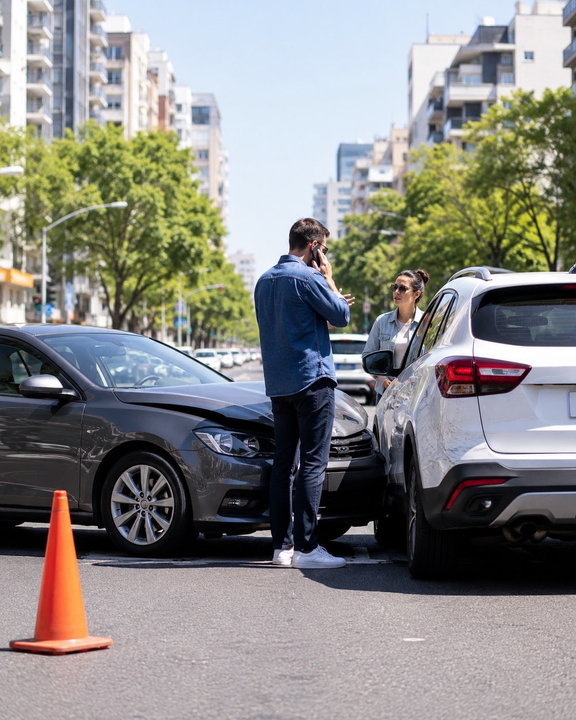 Dos autos chocados en una avenida arbolada; un conductor habla por teléfono junto a un cono de seguridad