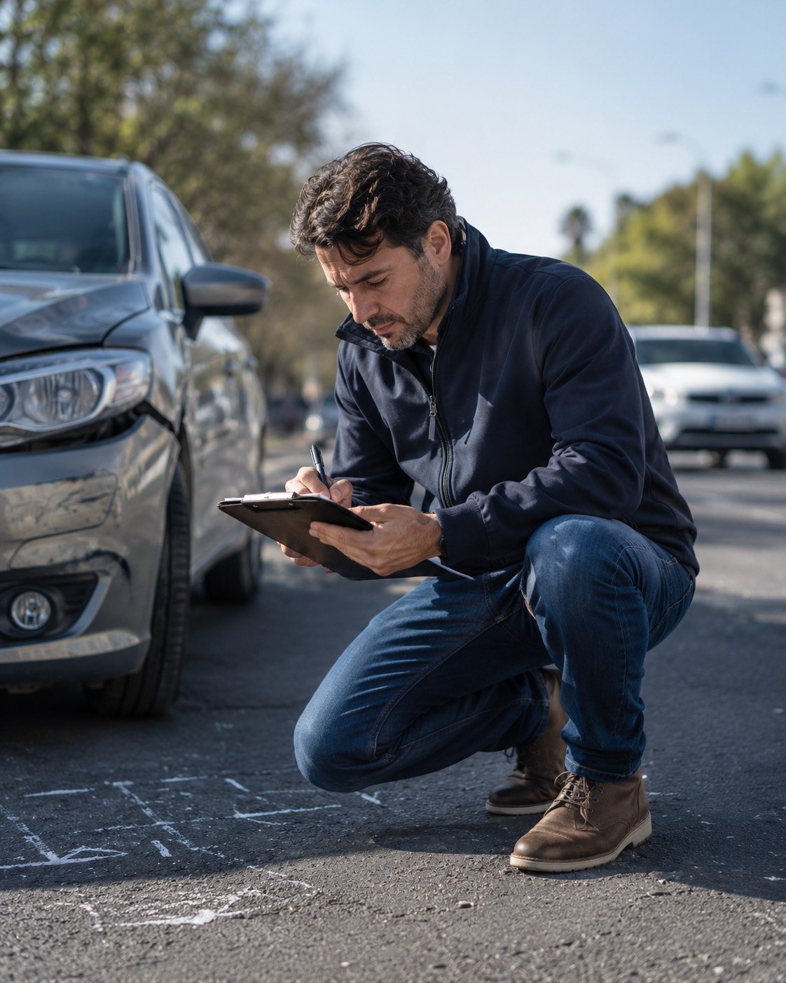 Un perito agachado junto a un auto con el frente dañado, tomando notas sobre una tabla